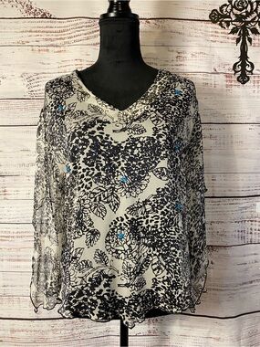 Black & White Silk Sheer Floral V-Neck Women's Blouse with Blue Accents Sz-16